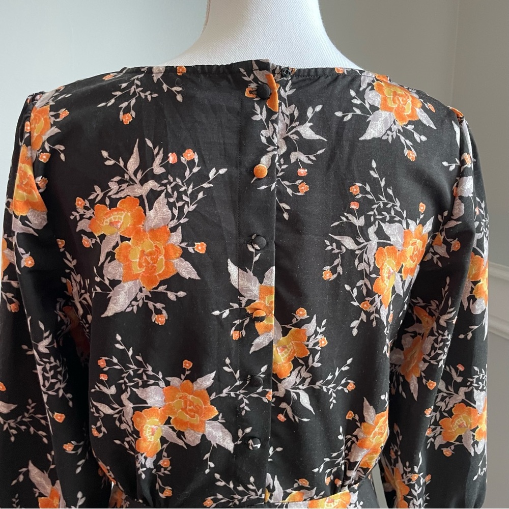 Free People Floral Black and Orange Dress Long Sleeves Button Back Side Zip Sz 8 - Picture 8 of 15